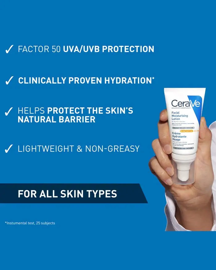 CeraVe moisturizing cream with text highlighting features on a blue background