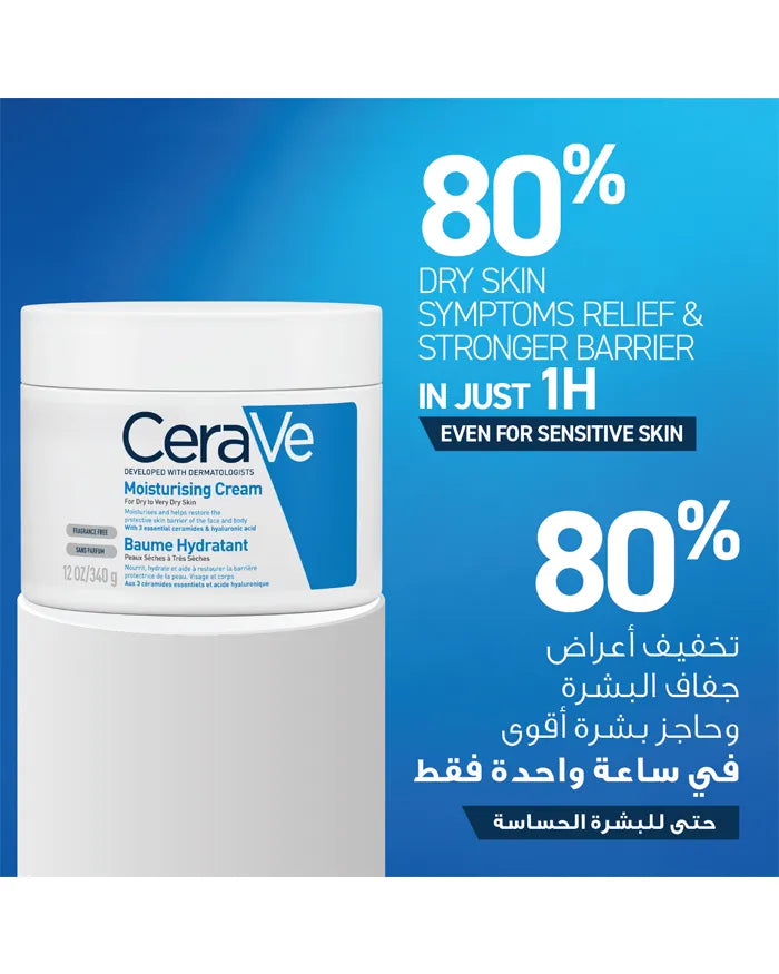 CeraVe moisturizing cream jar with blue background and text about dry skin relief