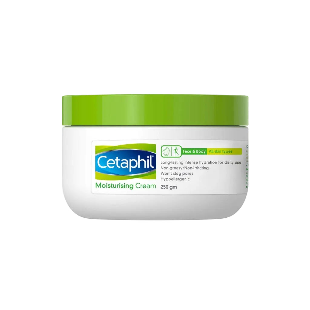 Cetaphil moisturizing cream jar with green lid on a white background