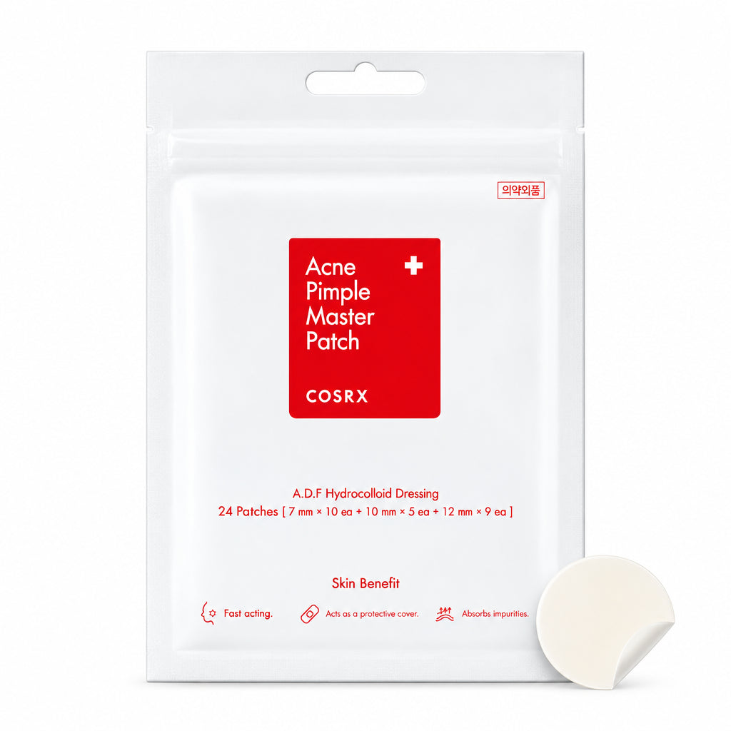 COSRX Acne Pimple Master Patch in a white resealable pouch with a red label, shown on a white background with one round patch peeled back in the lower right corner.