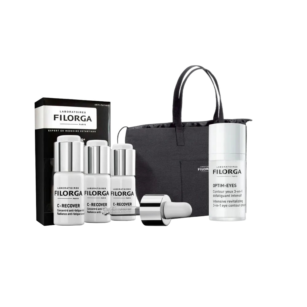 Filorga skincare products including bottles and a tote bag on a white background