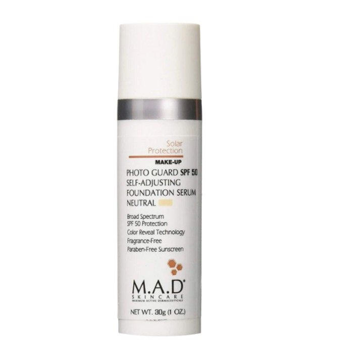 Skincare serum bottle with 'MAD' branding on a white background