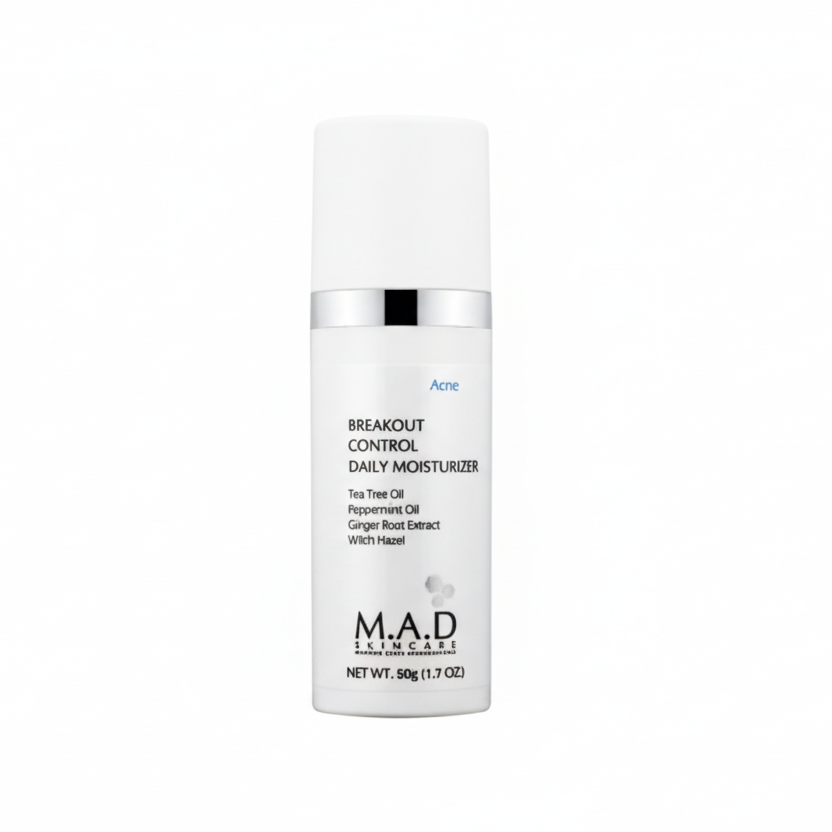 Skincare bottle with 'M.A.D' branding on a white background