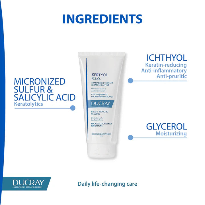 Kertyol PSO shampoo for itchy, flaky psoriasis-prone scalp.