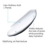 Product with text highlighting Lipo-Hydroxy Acid + Perlite, its effects, and texture.
