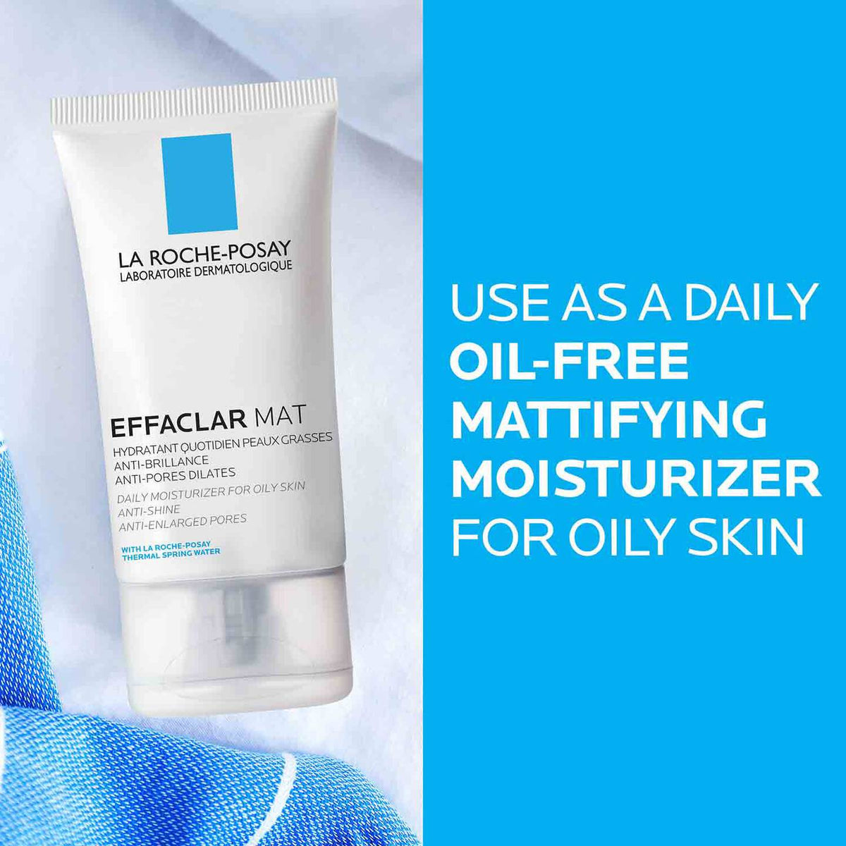 La Roche-Posay Effaclar Mat moisturizer with text on a blue background