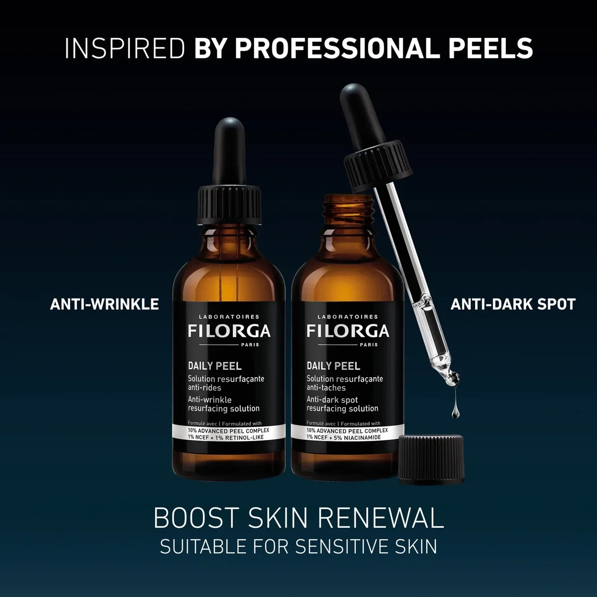 Two Filorga skincare bottles with dropper and text on a dark background