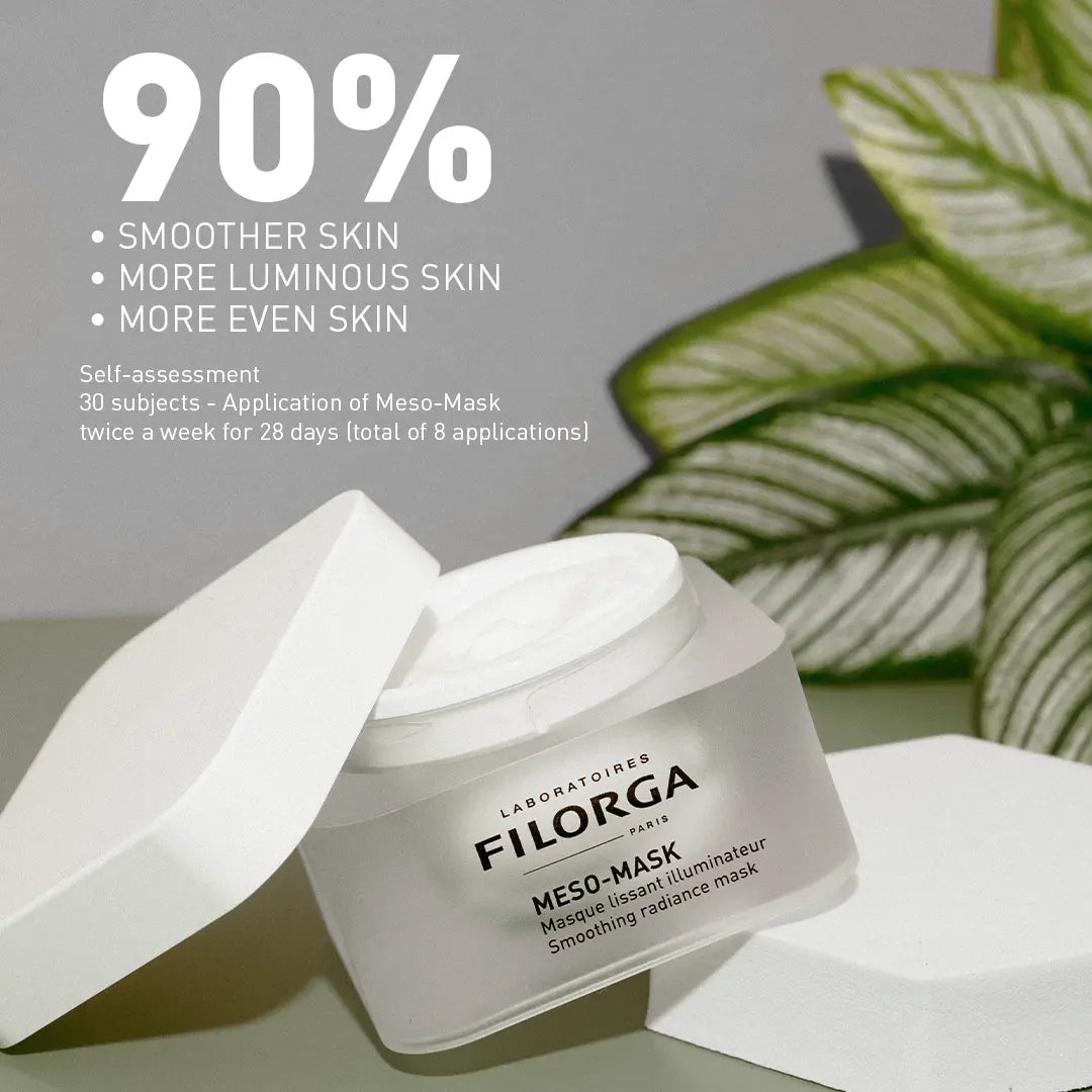 Filorga Meso-Mask skincare product with text on smoother, more luminous skin