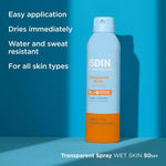 ISDIN SPF 50 sunscreen spray for wet and dry skin with transparent finish.