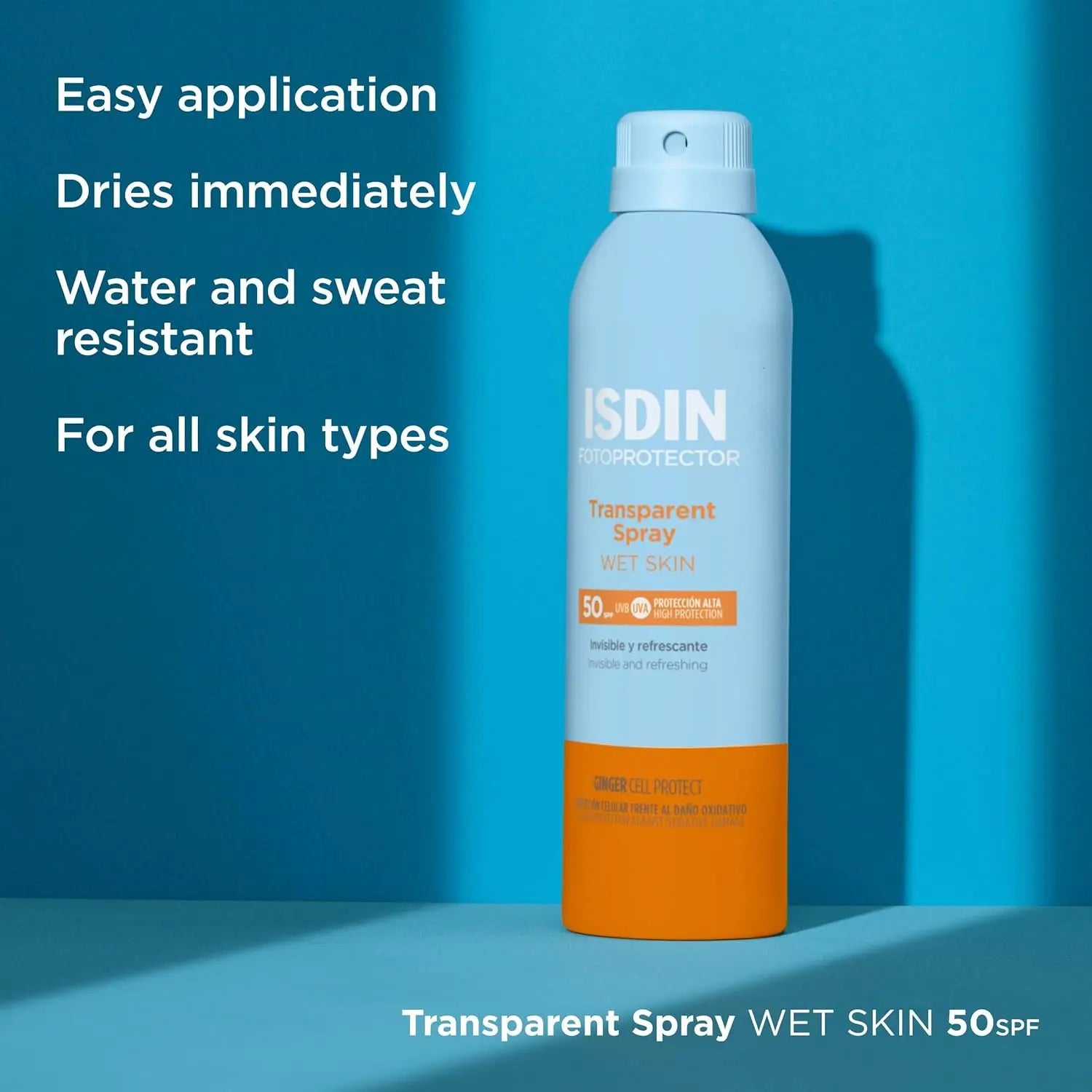 ISDIN SPF 50 sunscreen spray for wet and dry skin with transparent finish.