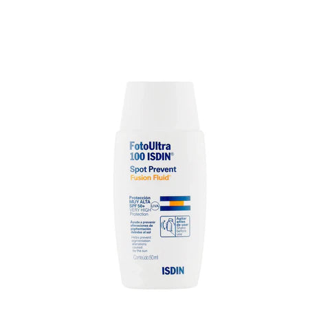 ISDIN FotoUltra 100 Spot Prevent Fusion Fluid bottle on a white background