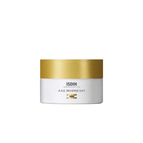 Isdin Age Reverse Day cream jar with gold lid on a white background
