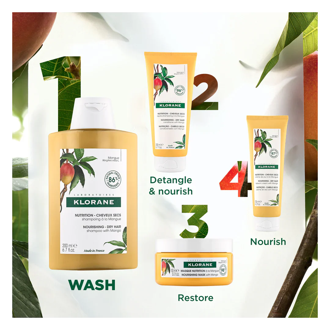 Silicone-free Klorane shampoo with Mango Butter for everyday nourishment available at distriqt lebanon