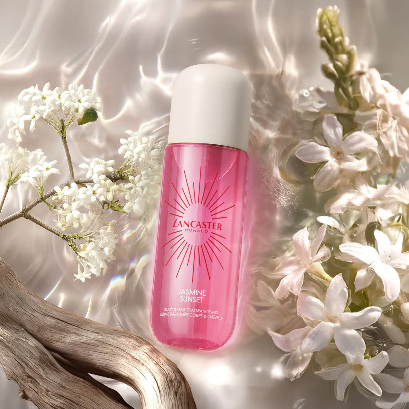 Lancaster Riviera Jasmine Sunset body and hair mist with jasmine, musk and sandalwood fragrance.