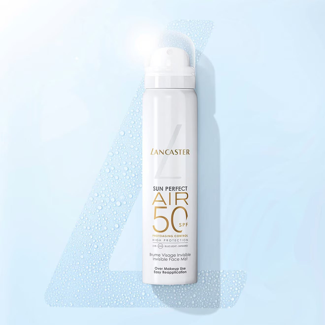 Lancaster Sun Perfect Air SPF50 face mist for convenient sunscreen reapplication and radiant skin available at the distriqt in lebanon