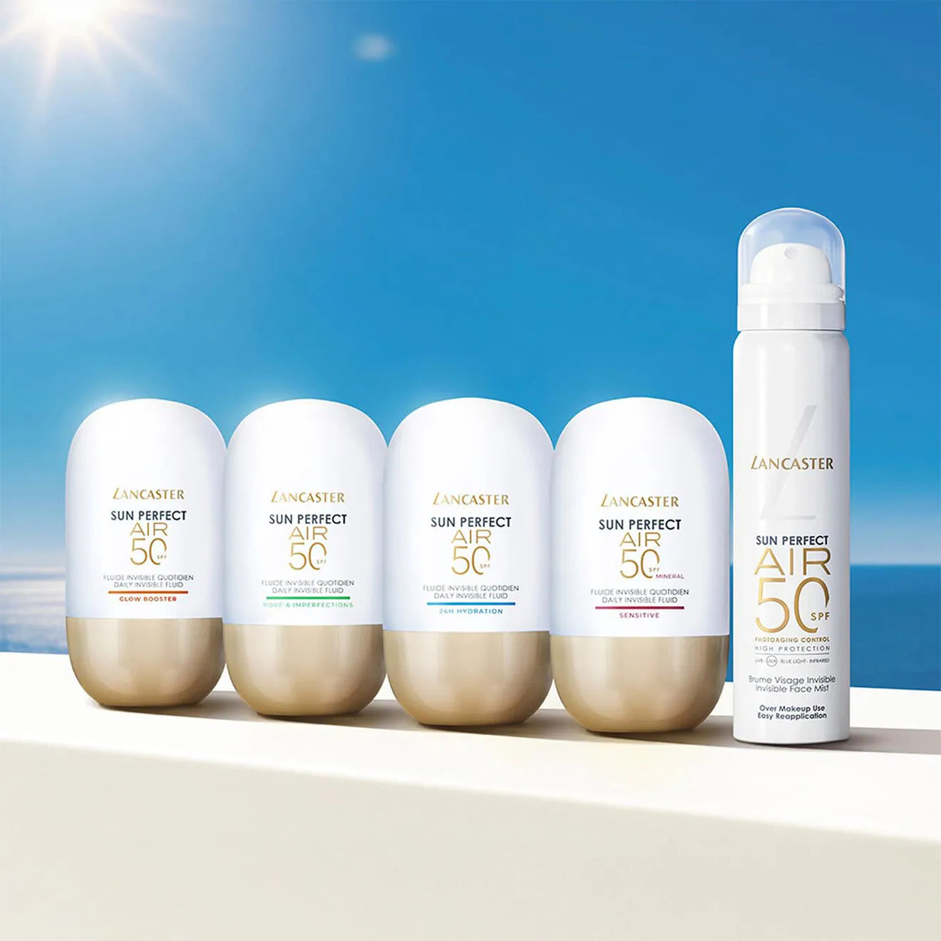 Lancaster Sun Perfect Air SPF50 face mist for convenient sunscreen reapplication and radiant skin available at the distriqt in lebanon