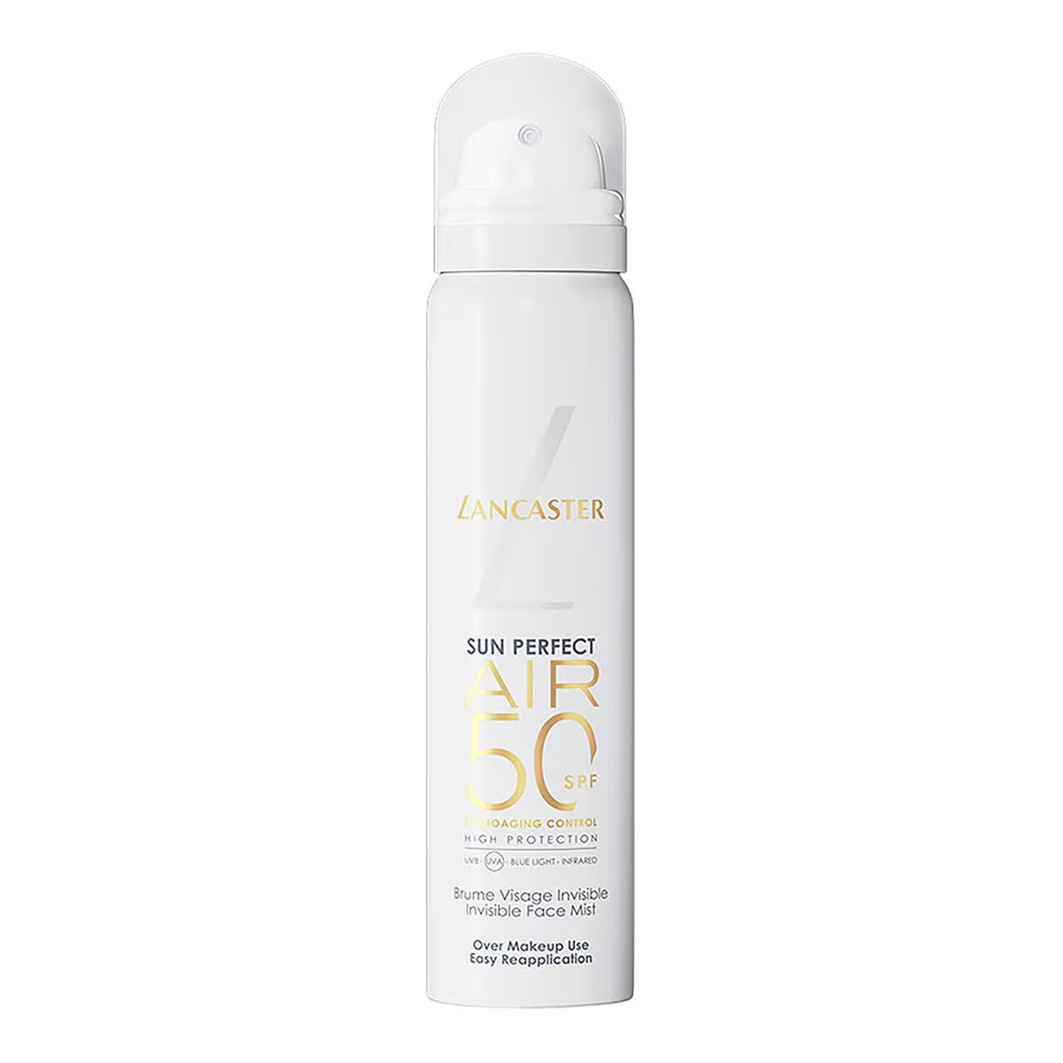 Lancaster Sun Perfect Air SPF50 face mist for convenient sunscreen reapplication and radiant skin available at the distriqt in lebanon