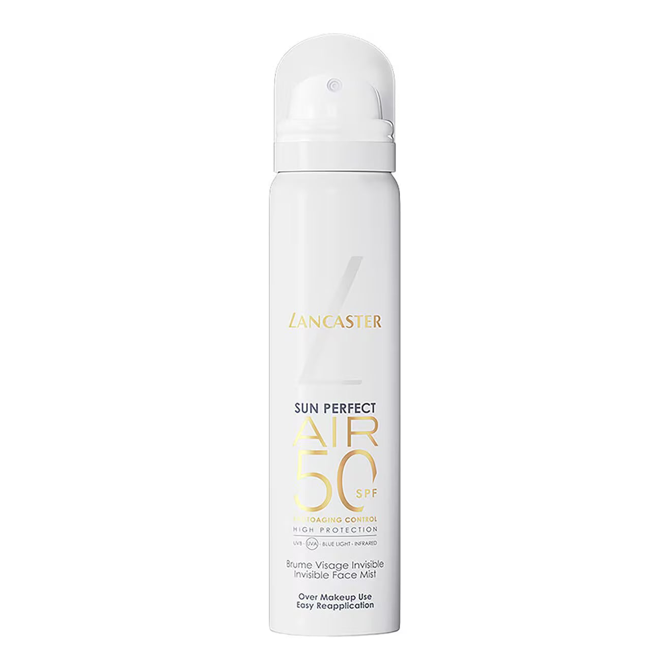 Lancaster Sun Perfect Air SPF50 face mist for convenient sunscreen reapplication and radiant skin available at the distriqt in lebanon
