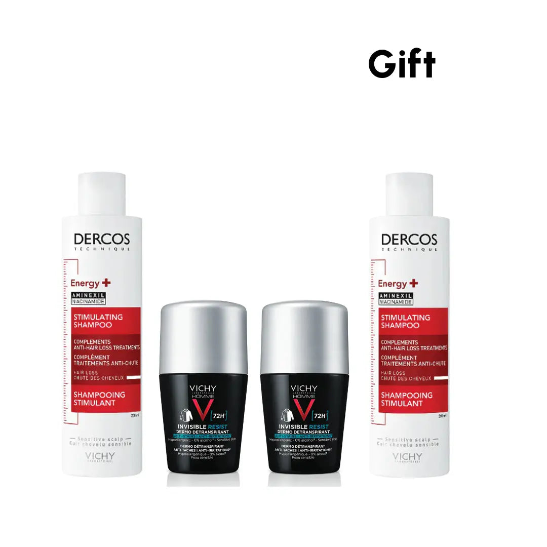 Vichy men’s grooming bundle featuring antiperspirant deodorants and energizing shampoo