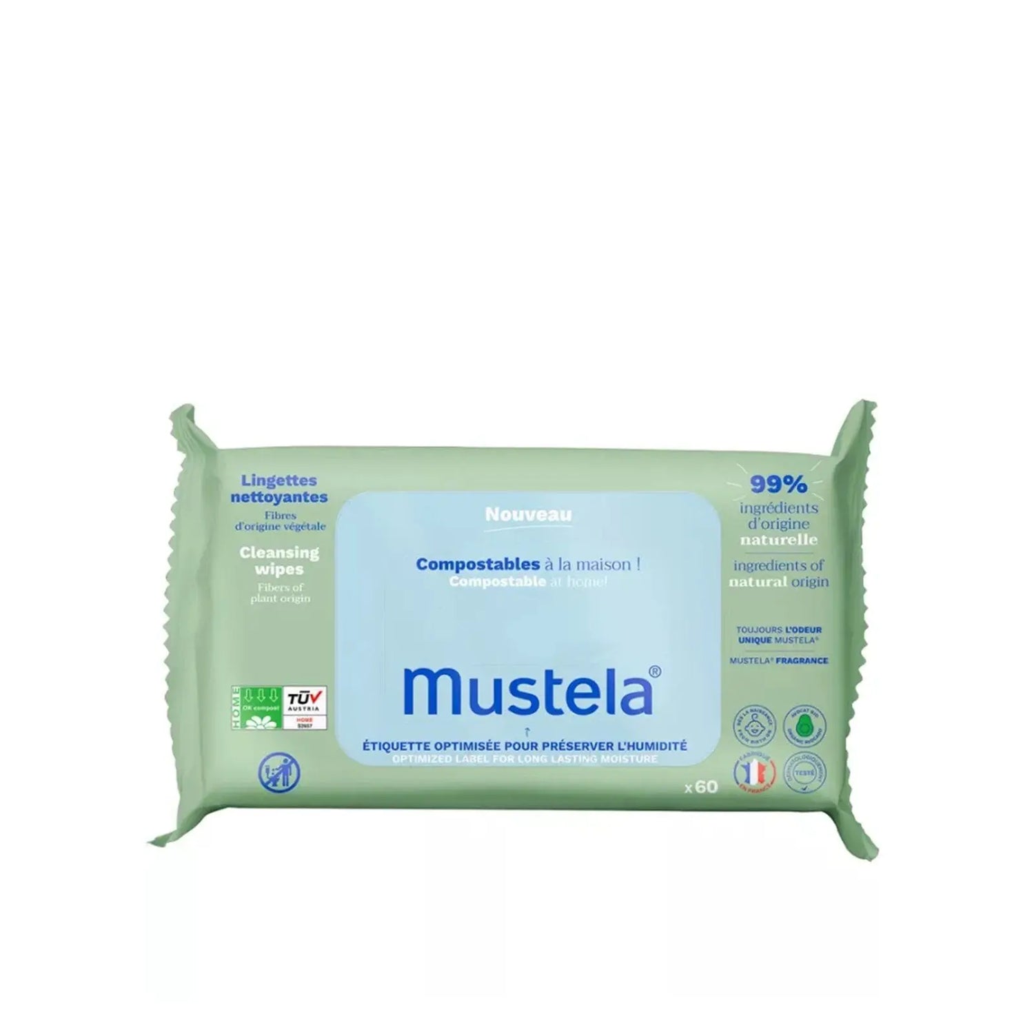 Mustela cleansing wipes packaging on a white background