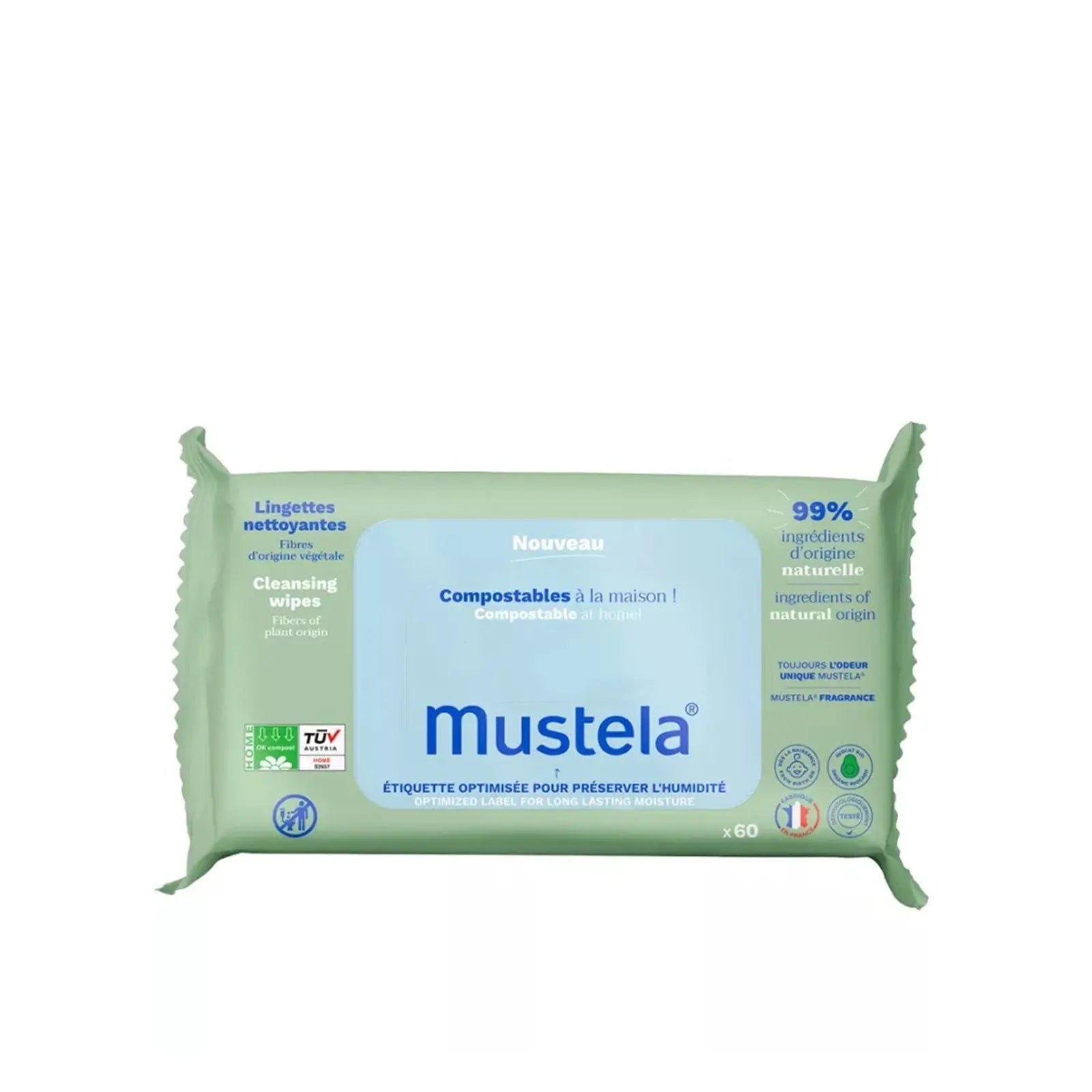 Mustela cleansing wipes packaging on a white background