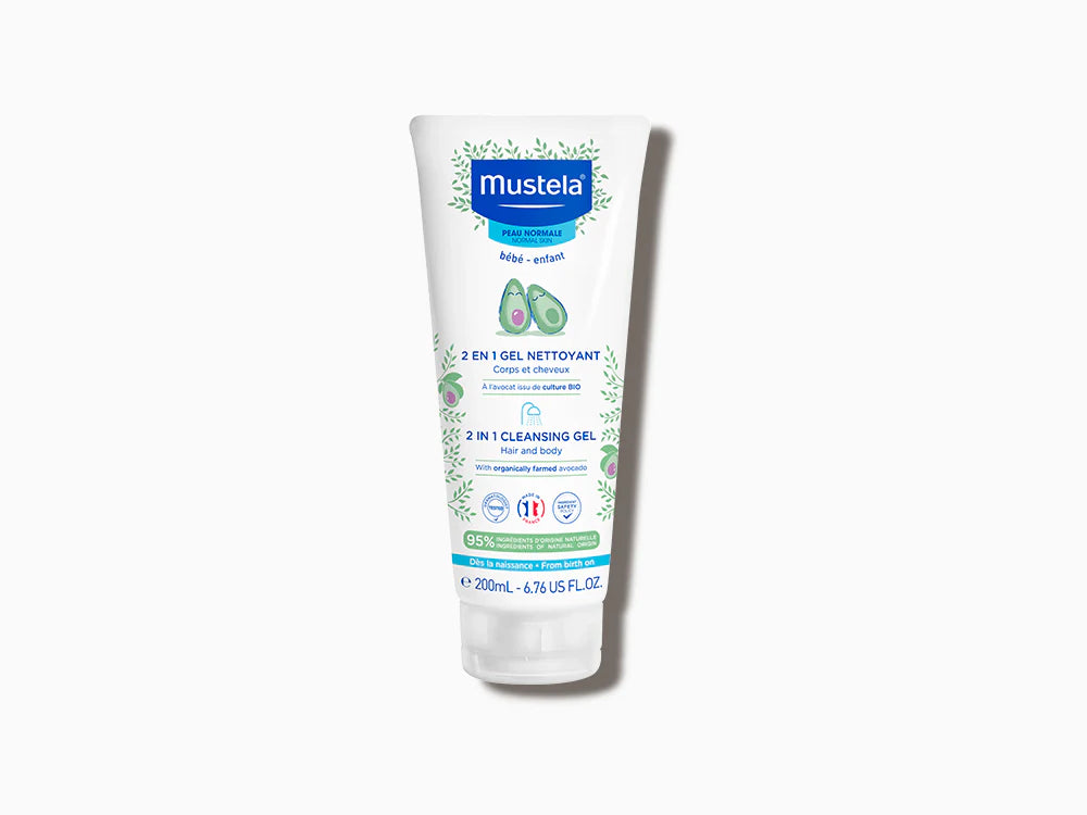 Mustela 2-in-1 Cleansing Gel 200ml for gentle cleansing of baby skin and hair.