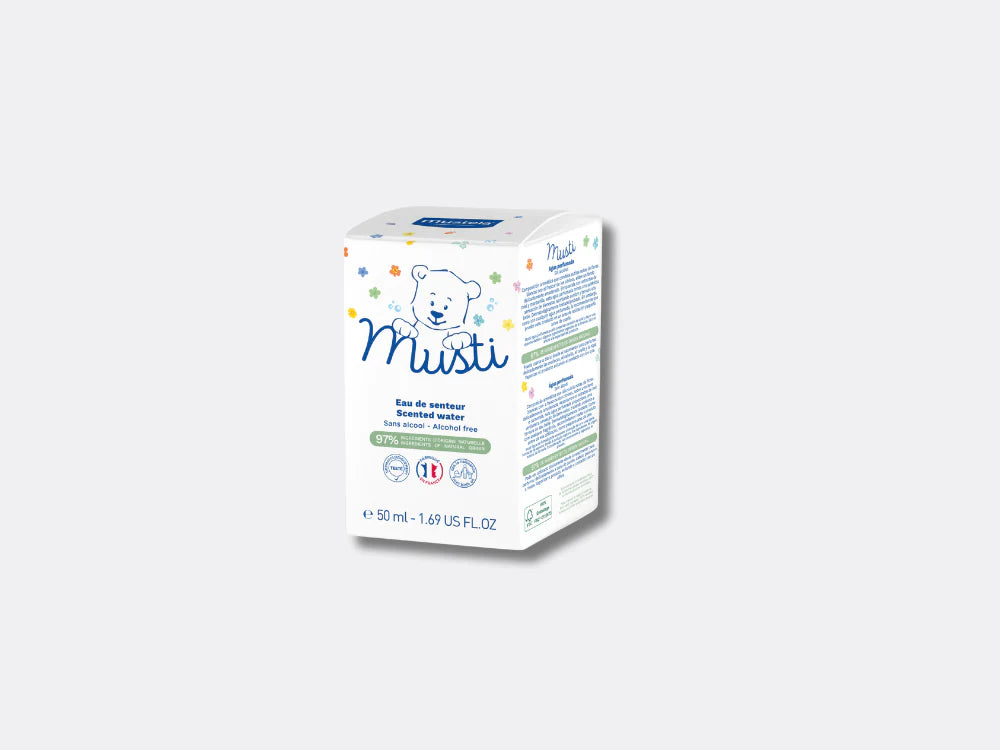 Front view of Mustela Musti Eau de Soin Delicate Fragrance with soft floral and citrus notes.