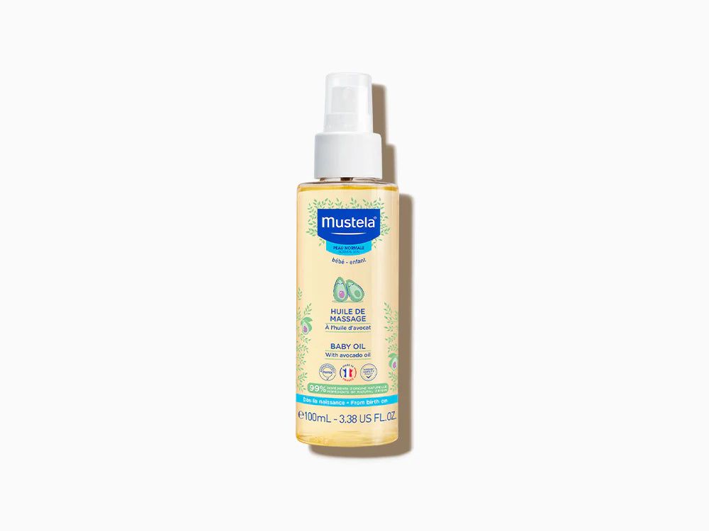 Mustela Baby Bath and Massage Oil 100ml for nourishing and softening delicate baby skin.