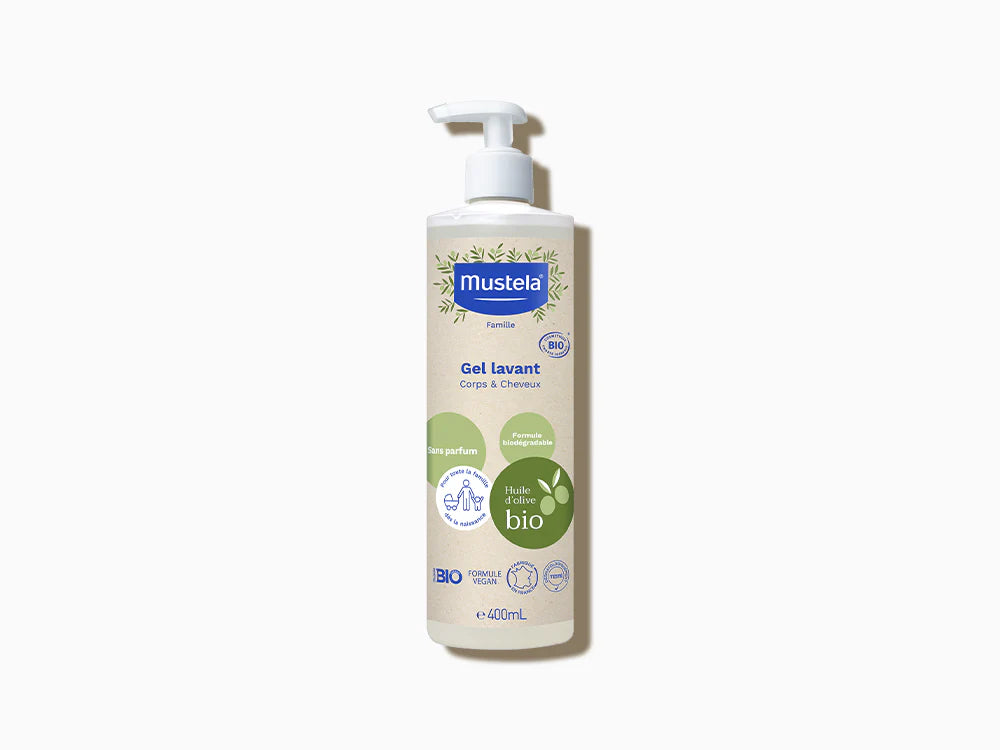 Mustela Certified Organic Cleansing Gel Body and Hair 400ml gentle baby cleanser for daily bathing.