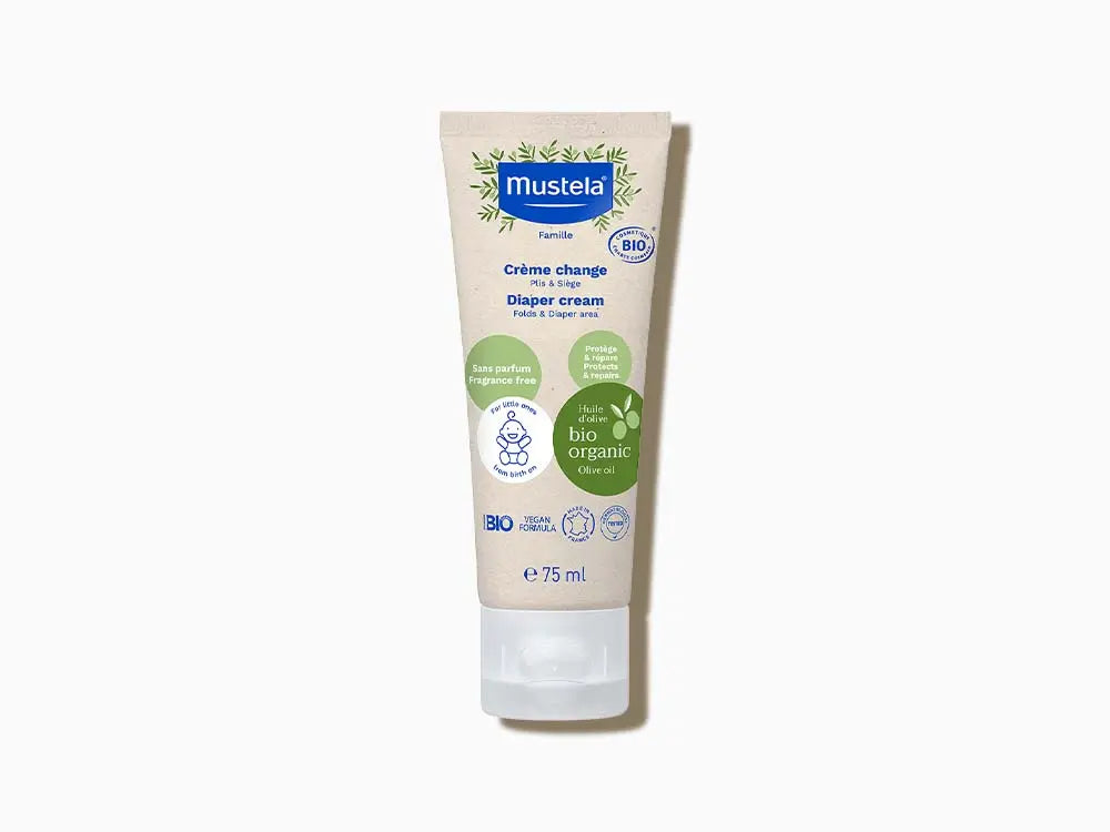 Mustela Certified Organic Diaper Cream 75ml protecting and soothing delicate baby skin during diaper changes.