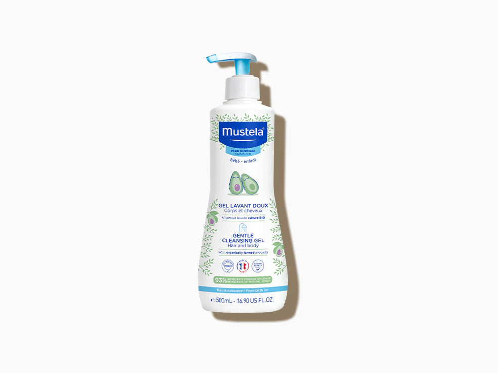 Mustela Gentle Cleansing Gel 500ml for daily cleansing of baby skin and hair.