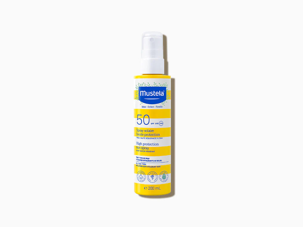Mustela High Protection Sun Spray SPF50 water-resistant sunscreen suitable for babies, children, and adults.