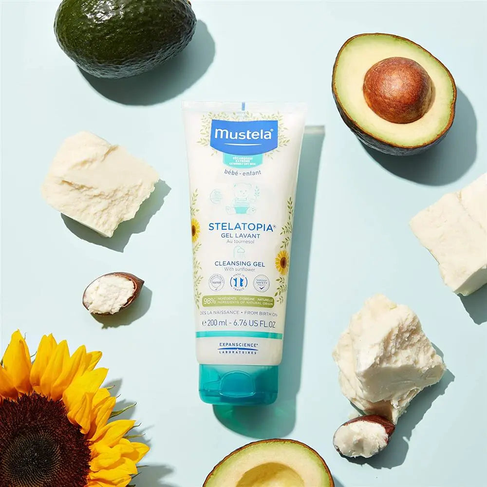 Front view of Mustela Stelatopia Cleansing Gel 200ml designed for face, body, and scalp cleansing.