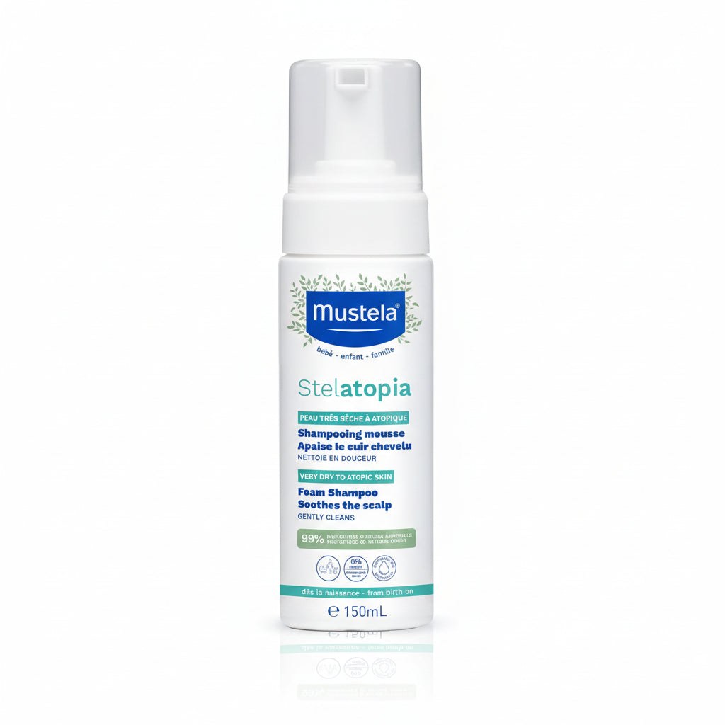 Mustela Stelatopia Foam Shampoo 150ml for babies with very dry and eczema-prone scalp.