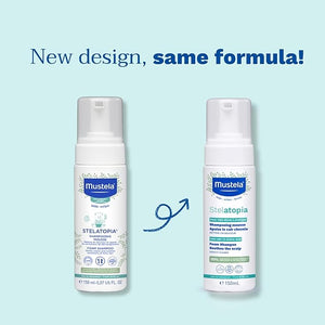 Mustela Stelatopia Foam Shampoo with sunflower oil distillate for dry and atopic-prone scalp.