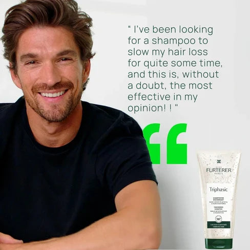 Man with a beard and mustache smiling next to a bottle of Furterer shampoo with a quote about hair loss.