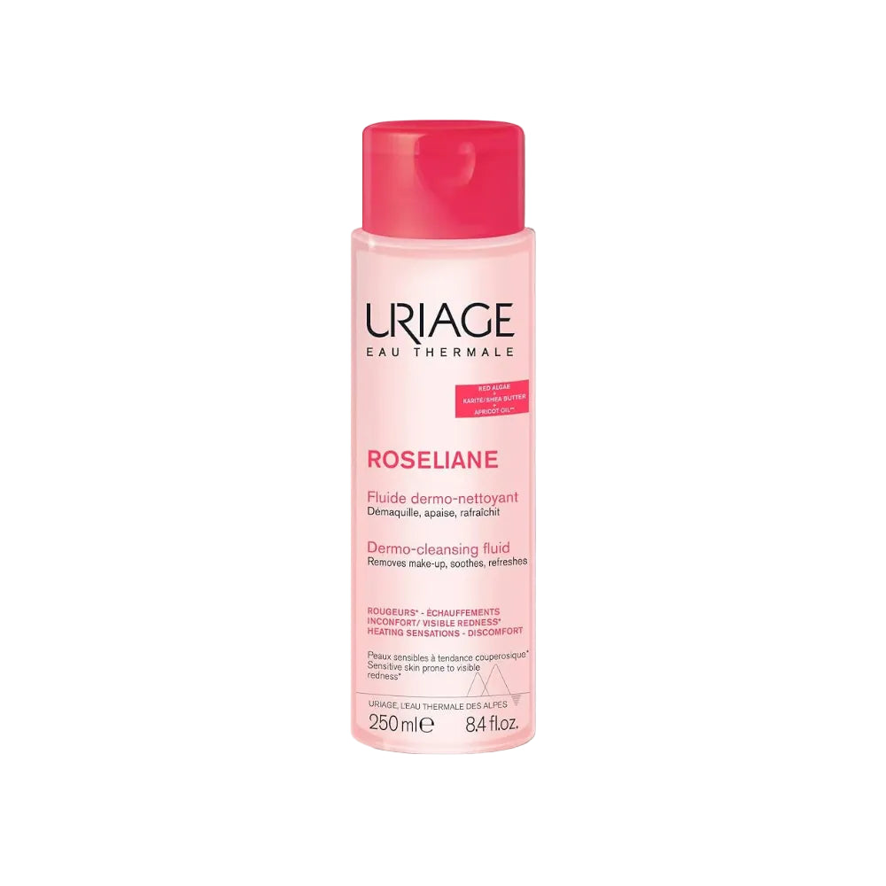 Uriage Roseliiane dermo-cleansing fluid bottle on a white background