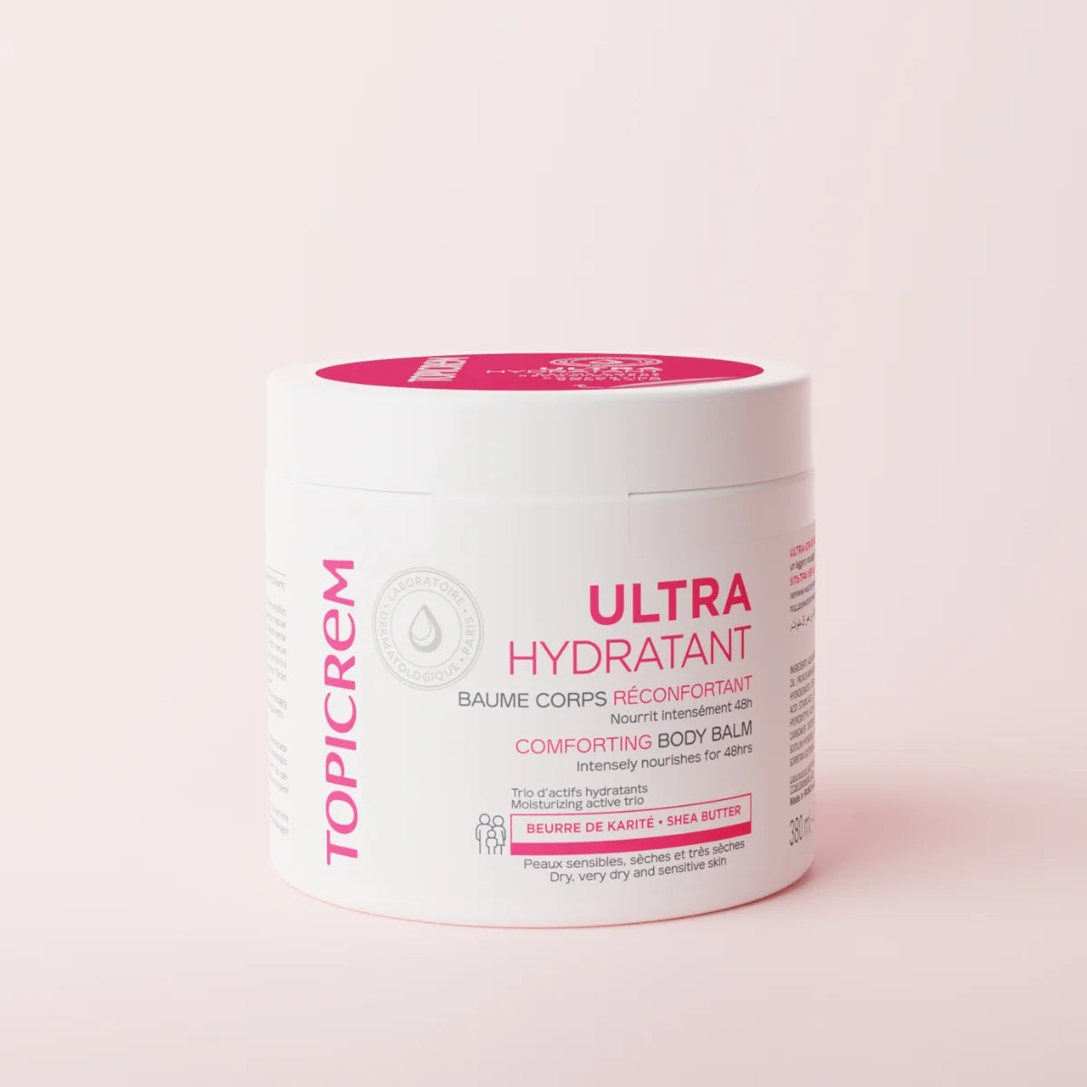 A white jar of TOPICREM Ultra Hydratant Comforting Body Balm with 