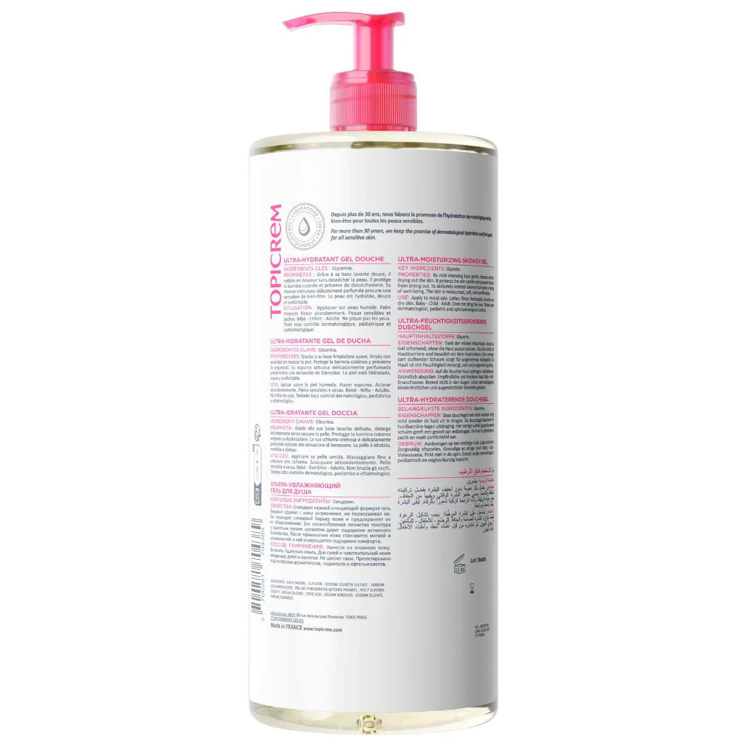 Topicrem Ultra-Moisturising Gentle Cleansing Gel for face, body, and hair.