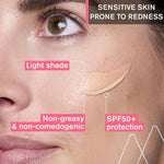 Cosmetic product application on skin with text highlighting features for sensitive skin prone to redness.