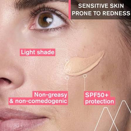Cosmetic product application on skin with text highlighting features for sensitive skin prone to redness.