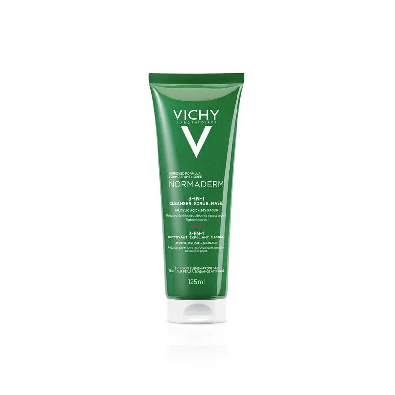 Vichy Normaderm 3 in 1 Cleanser Scrub and Mask 125ml for oily and acne-prone skin.